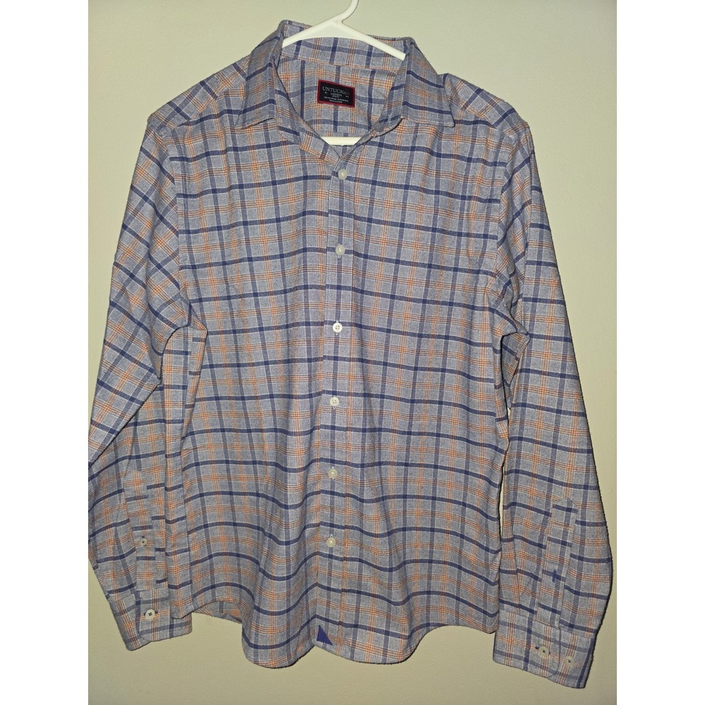 UNTUCKit Mens Slim Fit Plaid Button Down Shirt Blue Orange Long Sleeve Medium